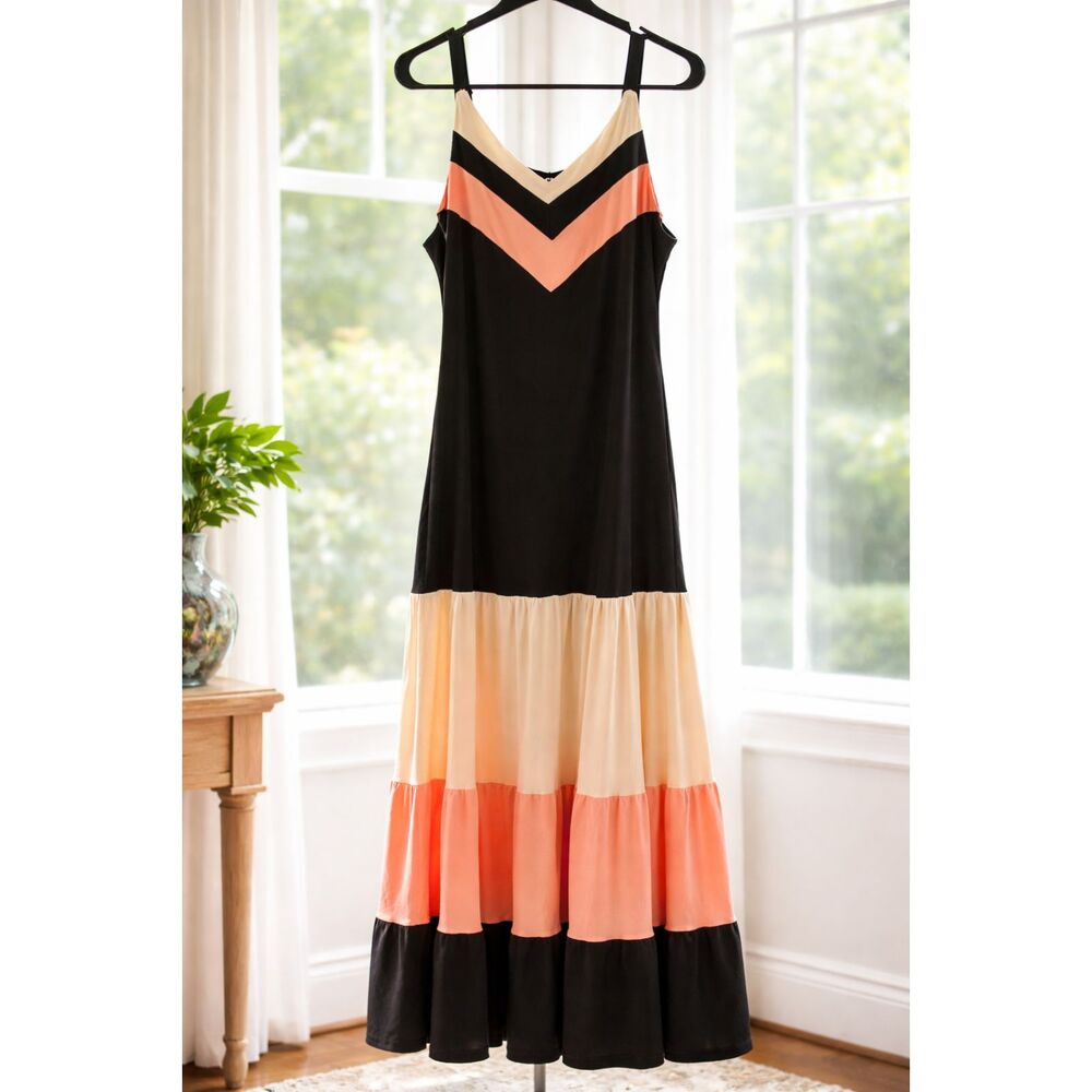 Colorblock Maxi Dress Size IX Black Pink Cream Tiered Sleeveless Summer Dress